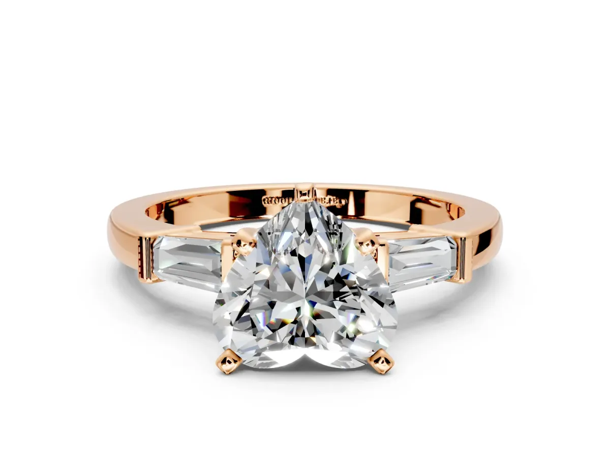 3 Stone Engagement Ring Setting for Heart-Shaped Center with Channel Baguette Accents and Prong Head in Rose Gold