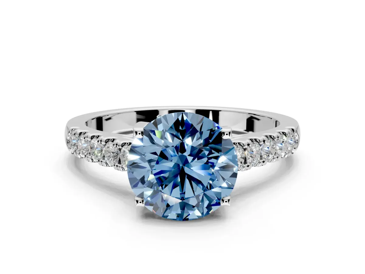 Solitaire Engagement Ring Setting for Fancy Blue Round Cut Center with Partway Pave Band and Prong Head in Platinum