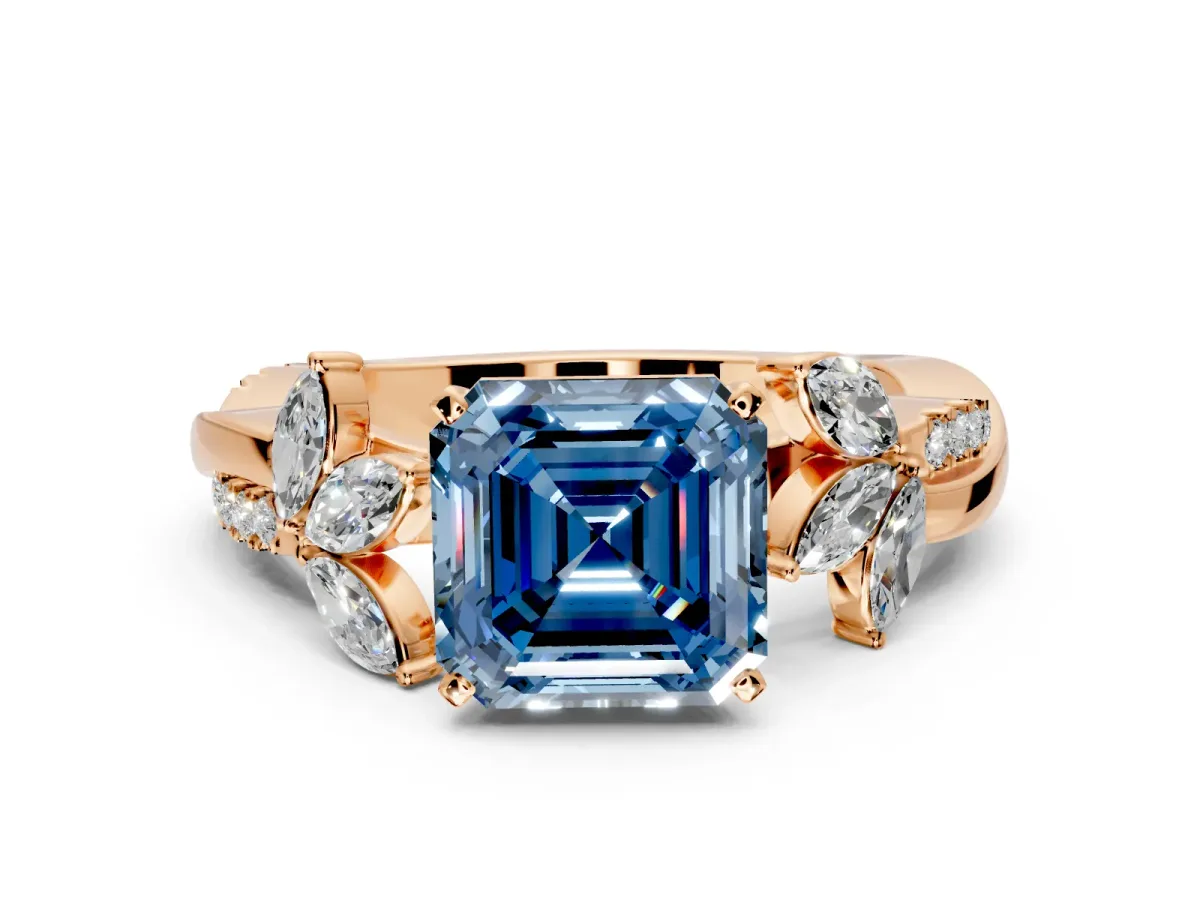 Floral Engagement Ring Setting for Fancy Blue Asscher Cut Center with Trailing Marquise Accents and Prong Head in Rose Gold