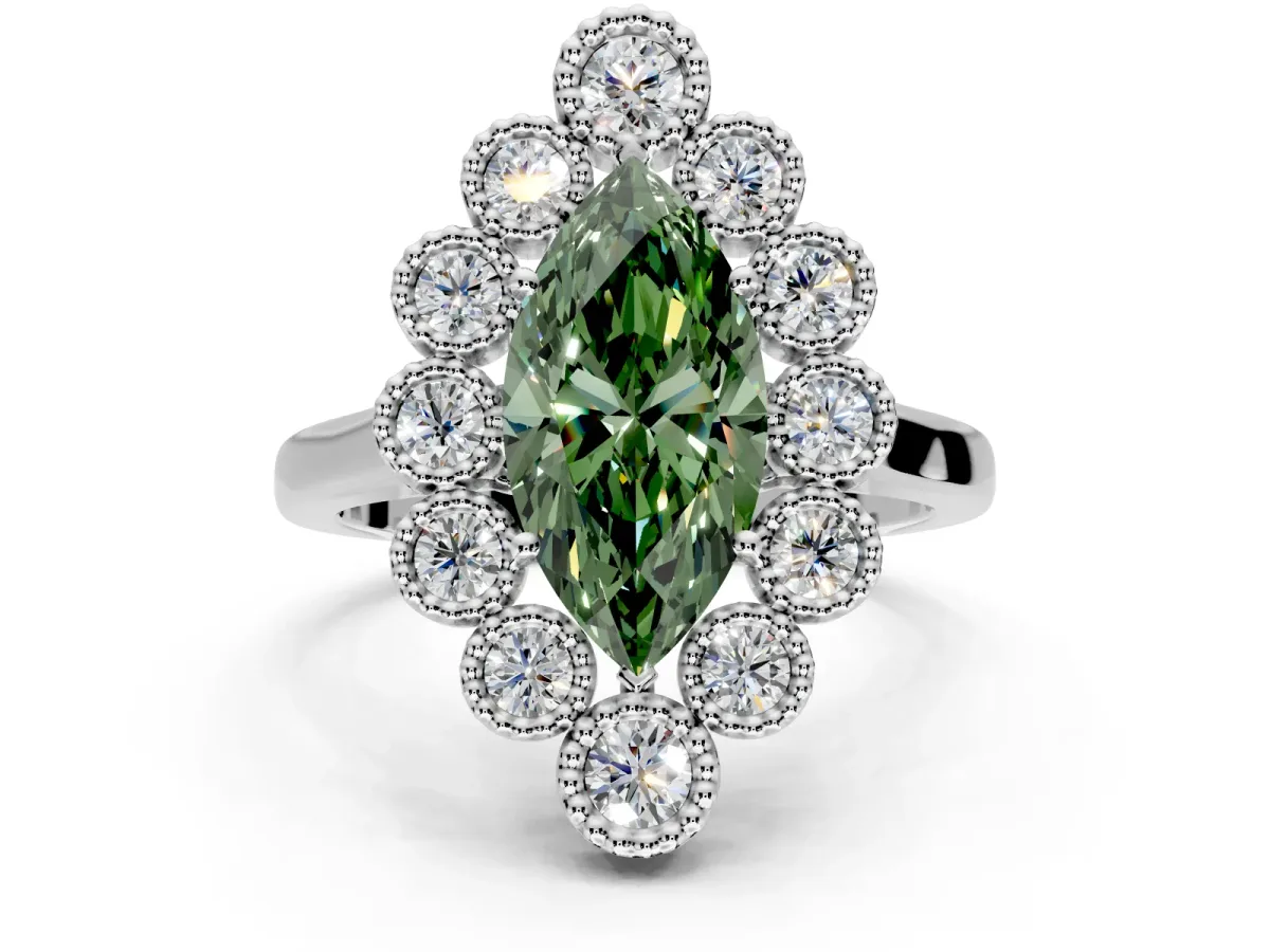 Cluster Halo Engagement Ring Setting for Fancy Green Marquise Center with Milgrain Bezel Accents and Prong Head in White Gold