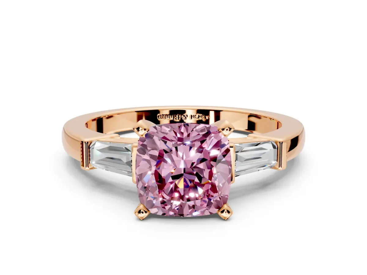 3 Stone Engagement Ring Setting for Fancy Pink Cushion Cut Center with Channel Baguette Accents and Prong Head in Rose Gold