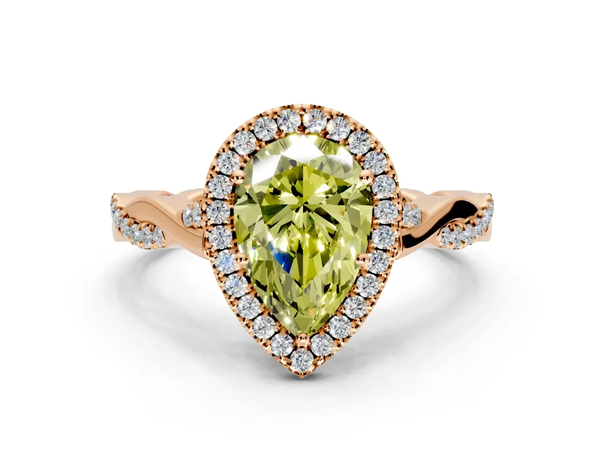 Halo Engagement Ring Setting for Fancy Yellow Pear-Shaped Center with Twist Band and Prong Head in Rose Gold