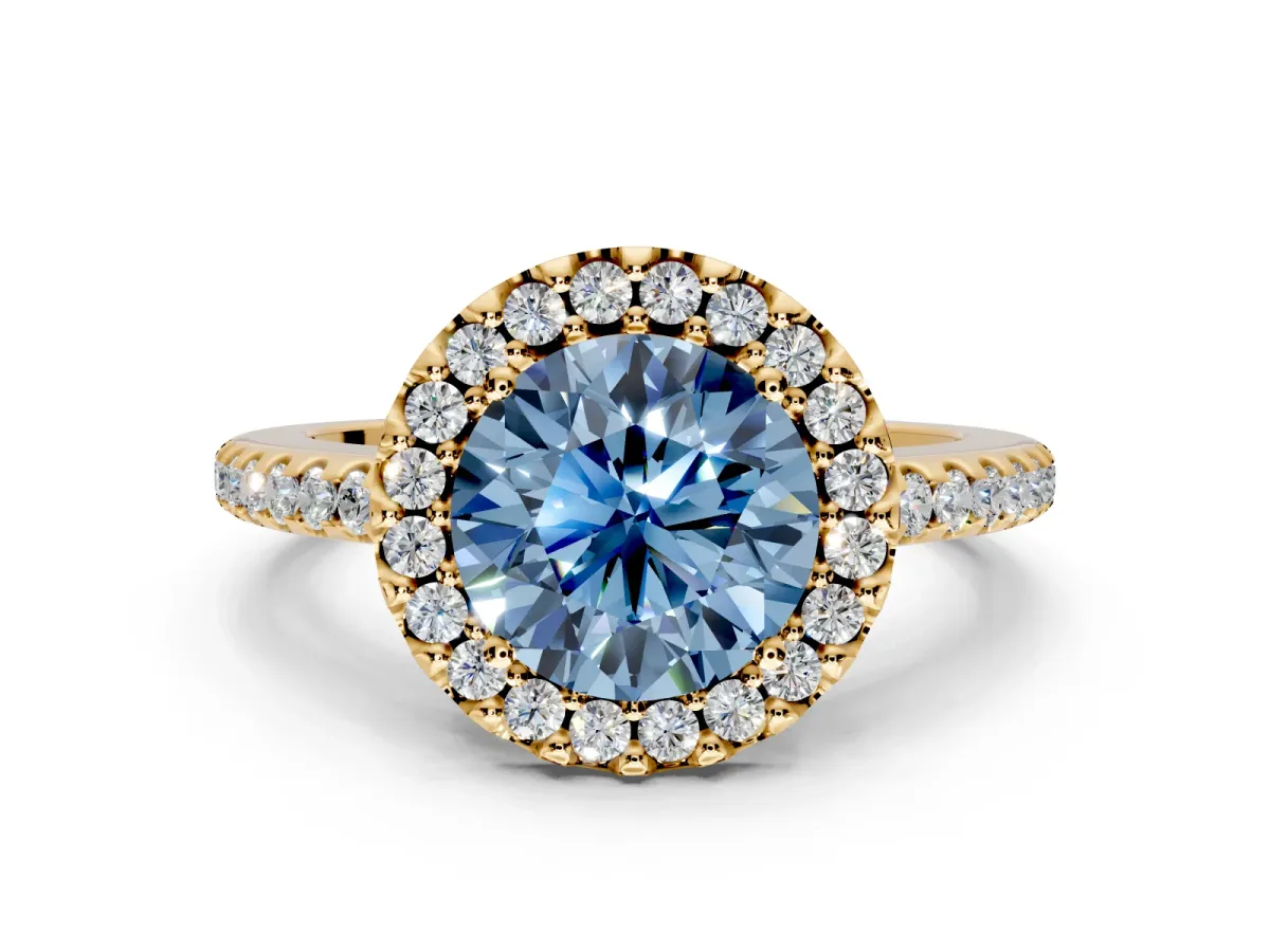 Pave Halo Engagement Ring Setting for Fancy Blue Round Cut Center with Single Row Pave Band and Prong Head in Yellow Gold