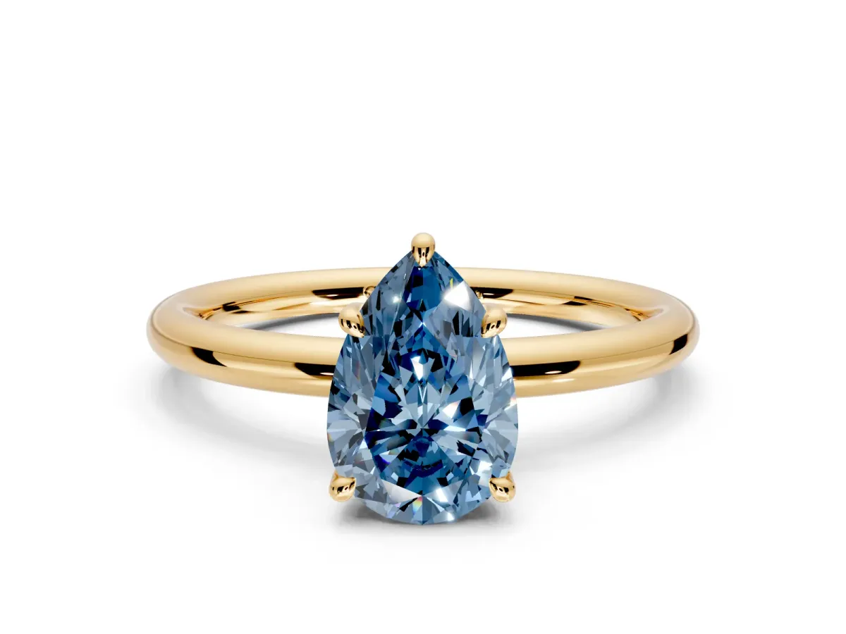Hidden Halo Engagement Ring Setting for Fancy Blue Pear-Shaped Center with Thin Rounded Band and Prong Head in Yellow Gold