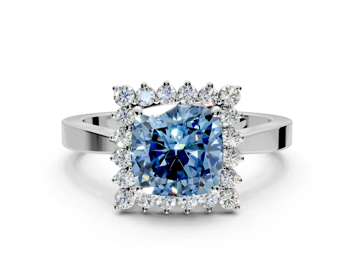 Starburst Halo Engagement Ring Setting for Fancy Blue Cushion Cut Center with Flat Cathedral Band and Prong Head in White Gold