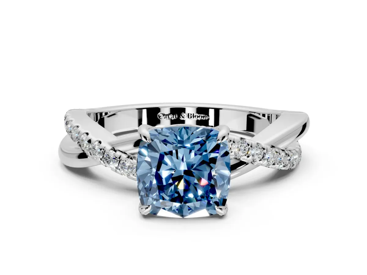 Crossover Engagement Ring Setting for Fancy Blue Cushion Cut Center with Pave and Plain Strands and Prong Head in White Gold