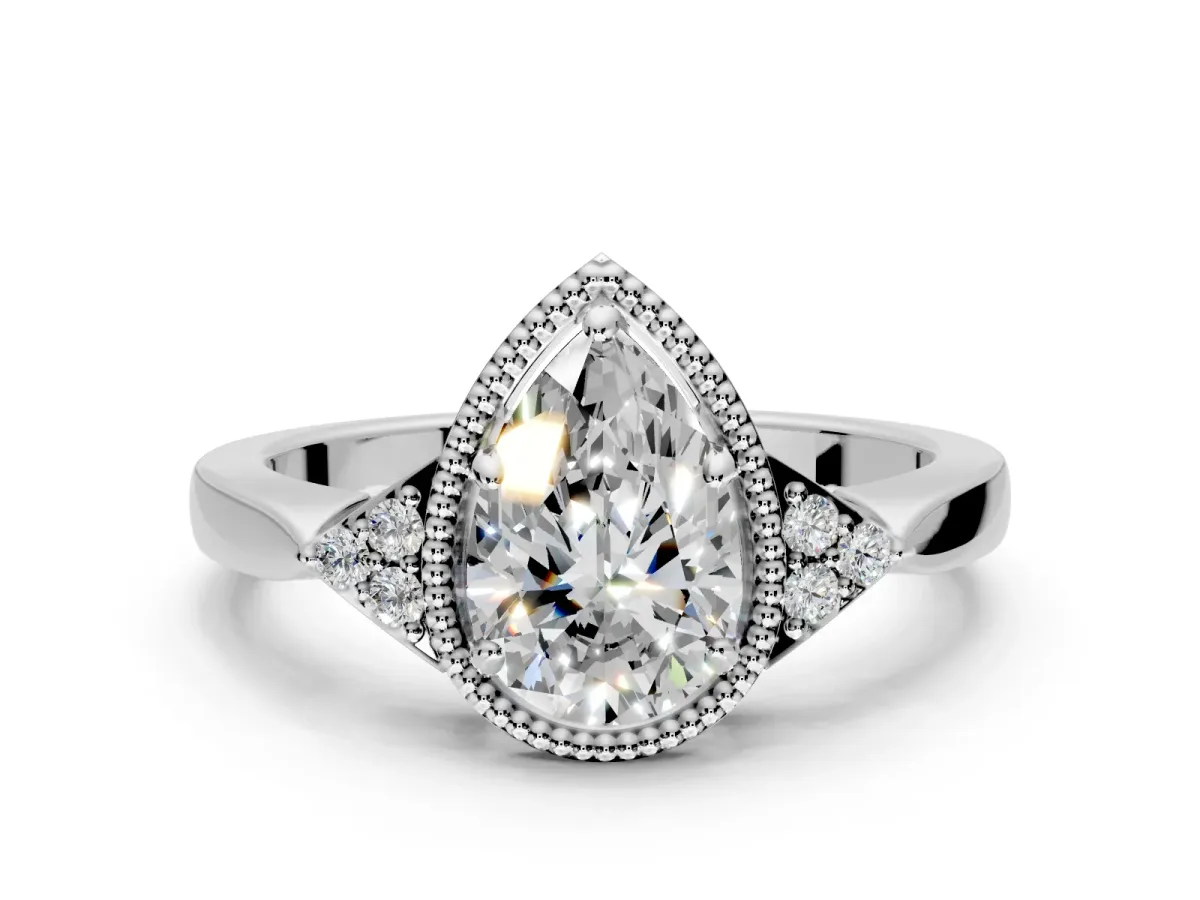 Cluster Engagement Ring Setting for Pear-Shaped Center with Milgrain Shoulder Clusters and Prong Head in Sterling Silver