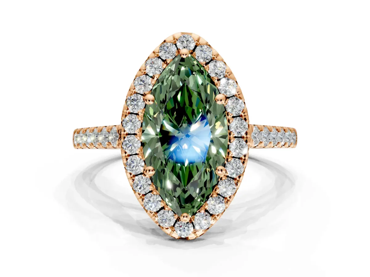 Halo Engagement Ring Setting for Fancy Green Marquise Center with Narrowing Pave Band and Prong Head in Rose Gold