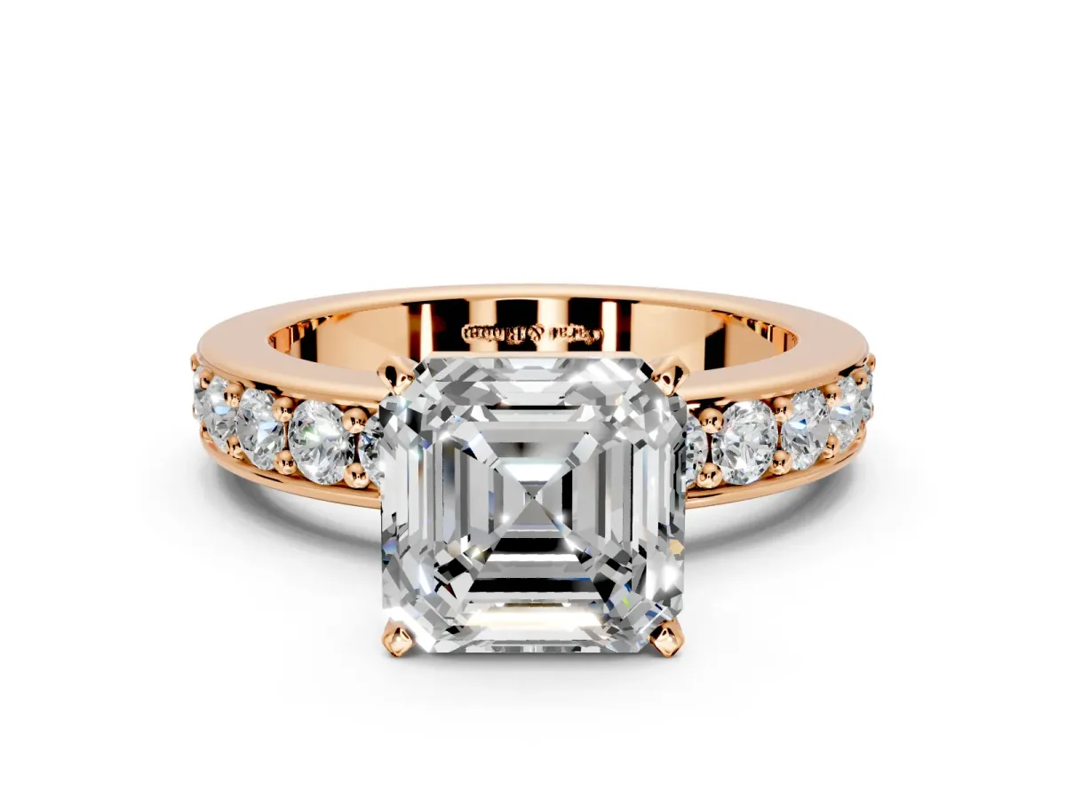 Solitaire Engagement Ring Setting for Asscher Cut Center with Channel-Set Accents and Prong Head in Rose Gold
