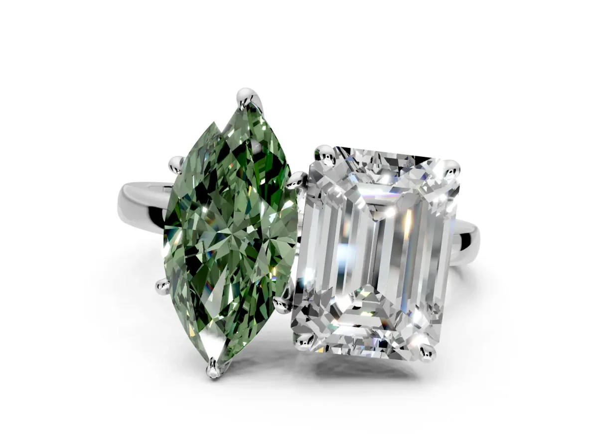 Fancy Green Marquise and Emerald Cut Lab-Grown Diamond Toi et Moi Engagement Ring with Prong-Set Stones in Platinum