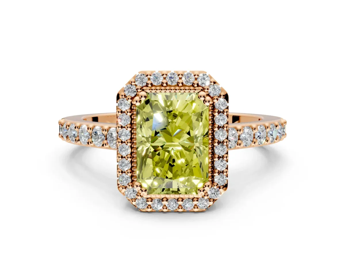 Halo Engagement Ring Setting for Fancy Yellow Radiant Cut Center with Inner Milgrain Border and Prong Head in Rose Gold