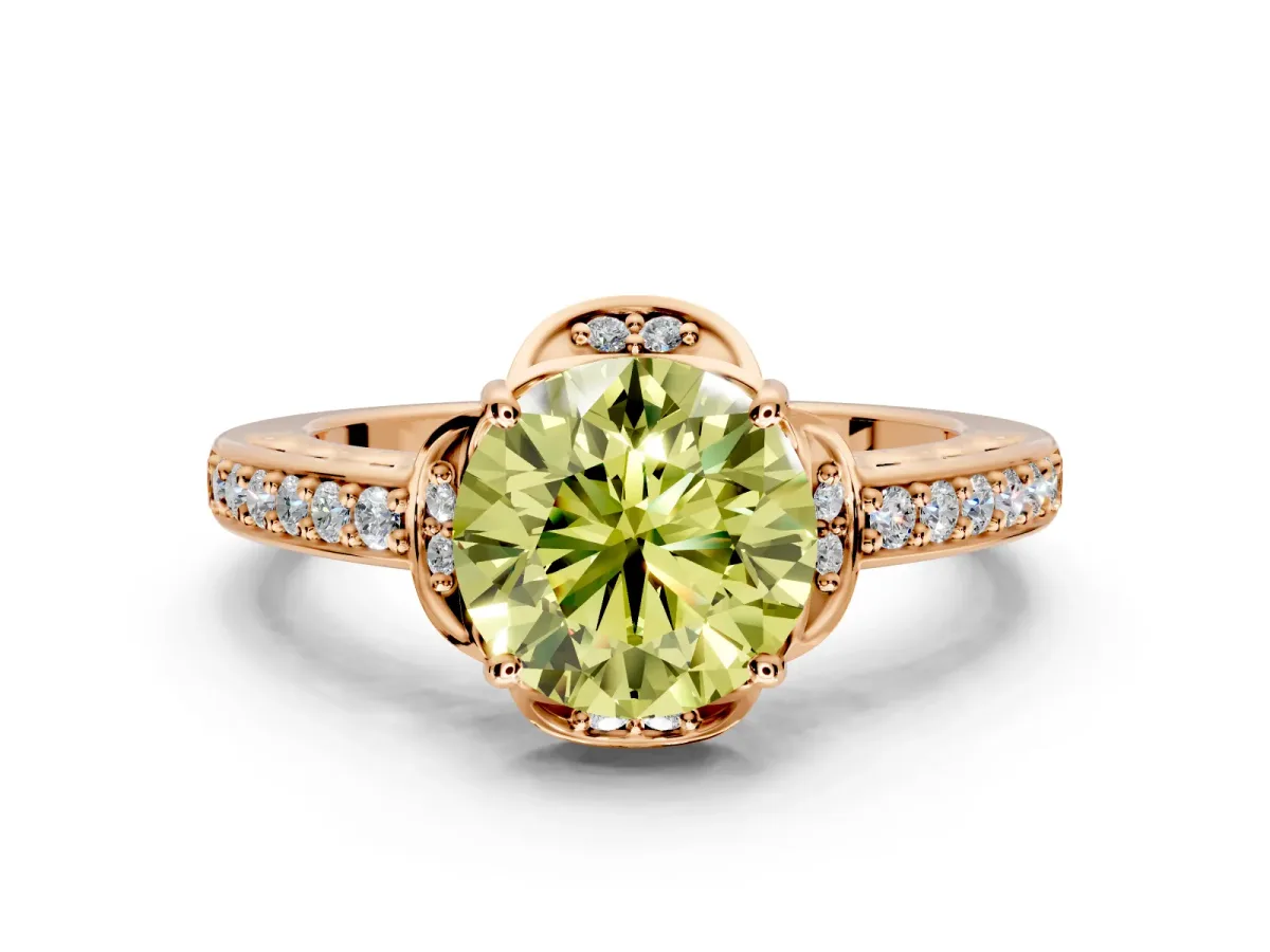 Floral Engagement Ring Setting for Fancy Yellow Round Cut Center with Four Accent Clusters and Prong Head in Rose Gold
