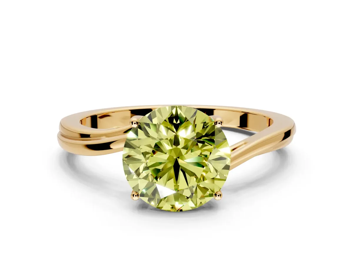Solitaire Engagement Ring Setting for Fancy Yellow Round Cut Center with Plain Bypass Twist Band and Prong Head in Yellow Gold