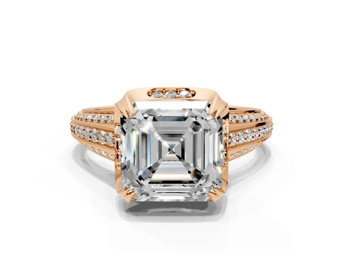 Solitaire Engagement Ring Setting for Asscher Cut Center with Accented Split Shank and Prong Head in Rose Gold