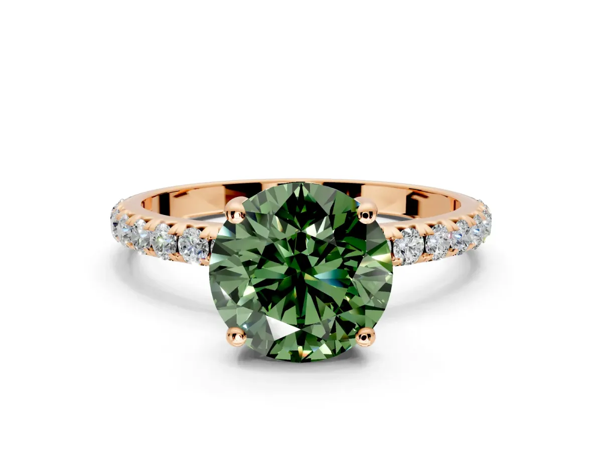 Solitaire Engagement Ring Setting for Fancy Green Round Cut Center with Micro Pave Band and Prong Head in Rose Gold