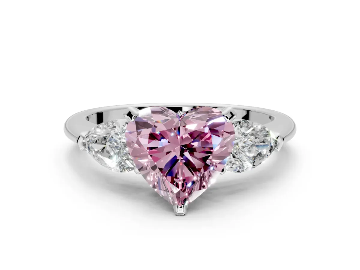 3 Stone Engagement Ring Setting for Fancy Pink Heart-Shaped Center with Large Pear-Shaped Accents and Prong Head in Sterling Silver
