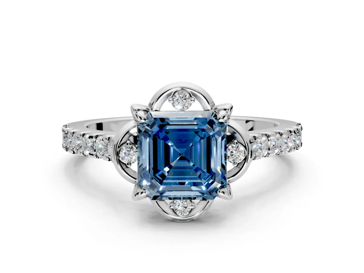 Floral Engagement Ring Setting for Fancy Blue Asscher Cut Center with Pave Band and Floral Prong Head in Platinum