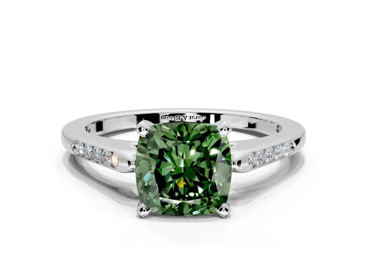 Solitaire Engagement Ring Setting for Fancy Green Cushion Cut Center with Channel Accents and Prong Head in White Gold
