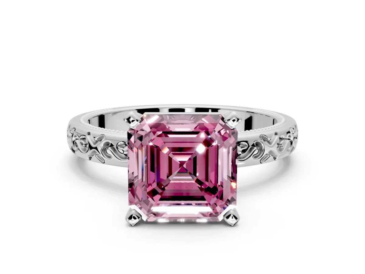 Solitaire Engagement Ring Setting for Fancy Pink Asscher Cut Center with Scrollwork Band and Prong Head in Sterling Silver