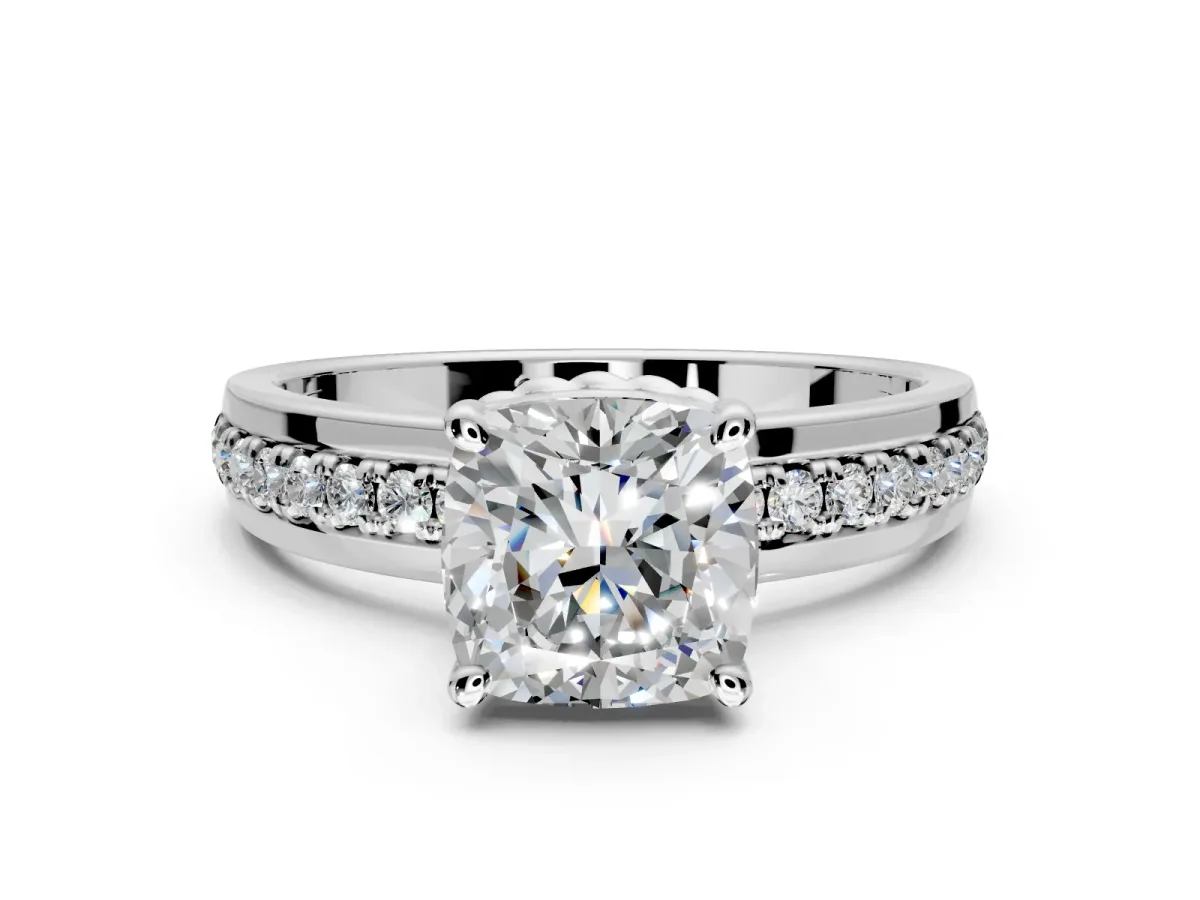 Solitaire Engagement Ring Setting for Cushion Cut Center with Raised Channel Band and Prong Head in Platinum