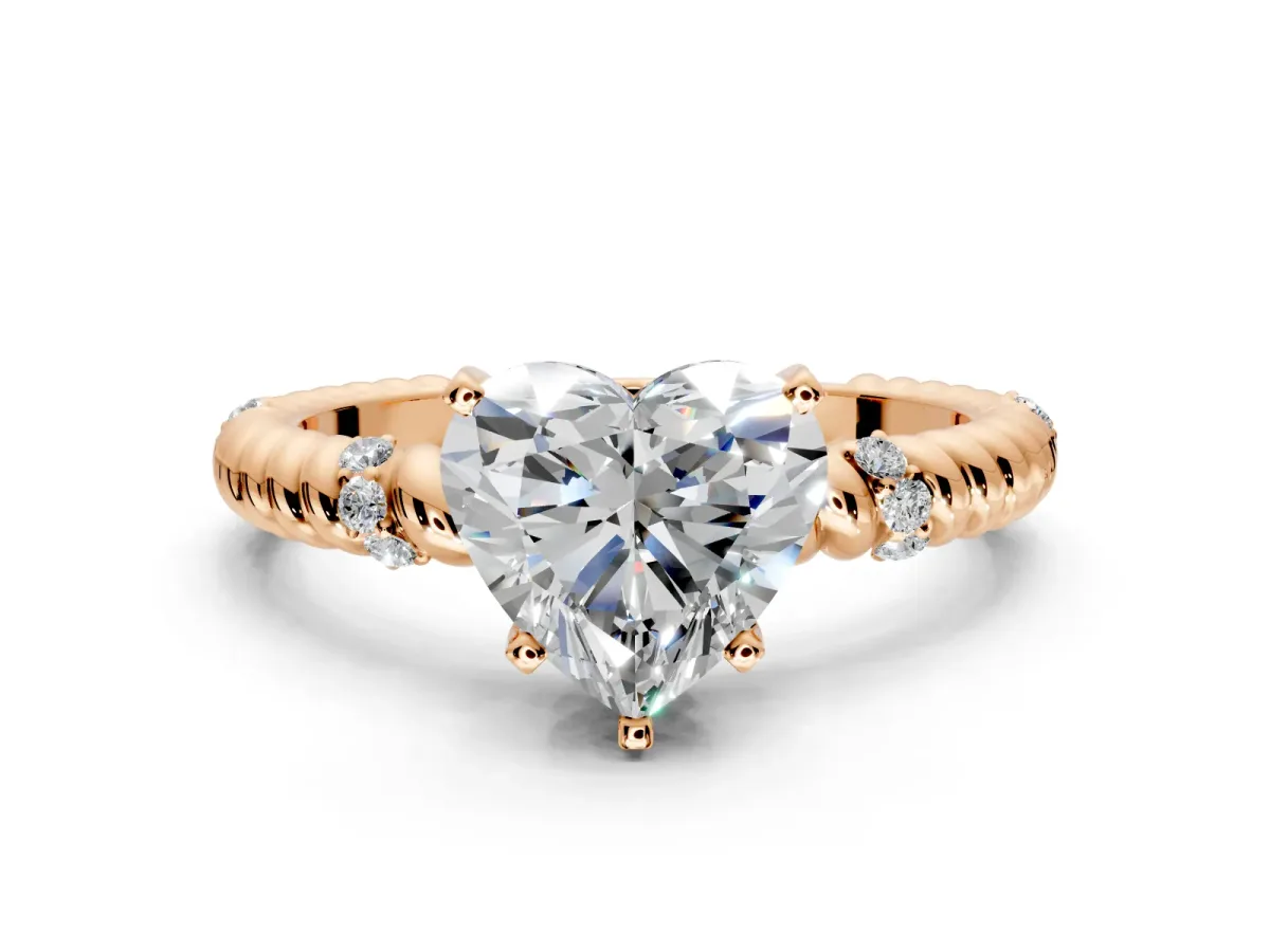 Rope Engagement Ring Setting for Heart-Shaped Center with Accent Shoulders and Prong Head in Rose Gold