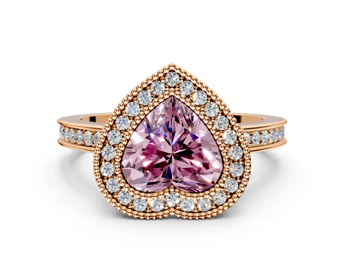 Halo Engagement Ring Setting for Fancy Pink Heart-Shaped Center with Milgrain Halo, Pave Band and Prong Head in Rose Gold