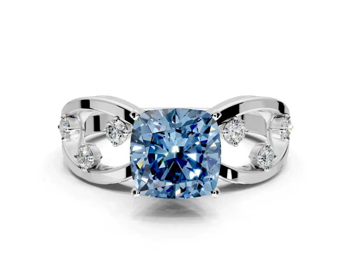 Solitaire Engagement Ring Setting for Fancy Blue Cushion Cut Center with Criss-Cross Accent Band and Prong Head in Sterling Silver