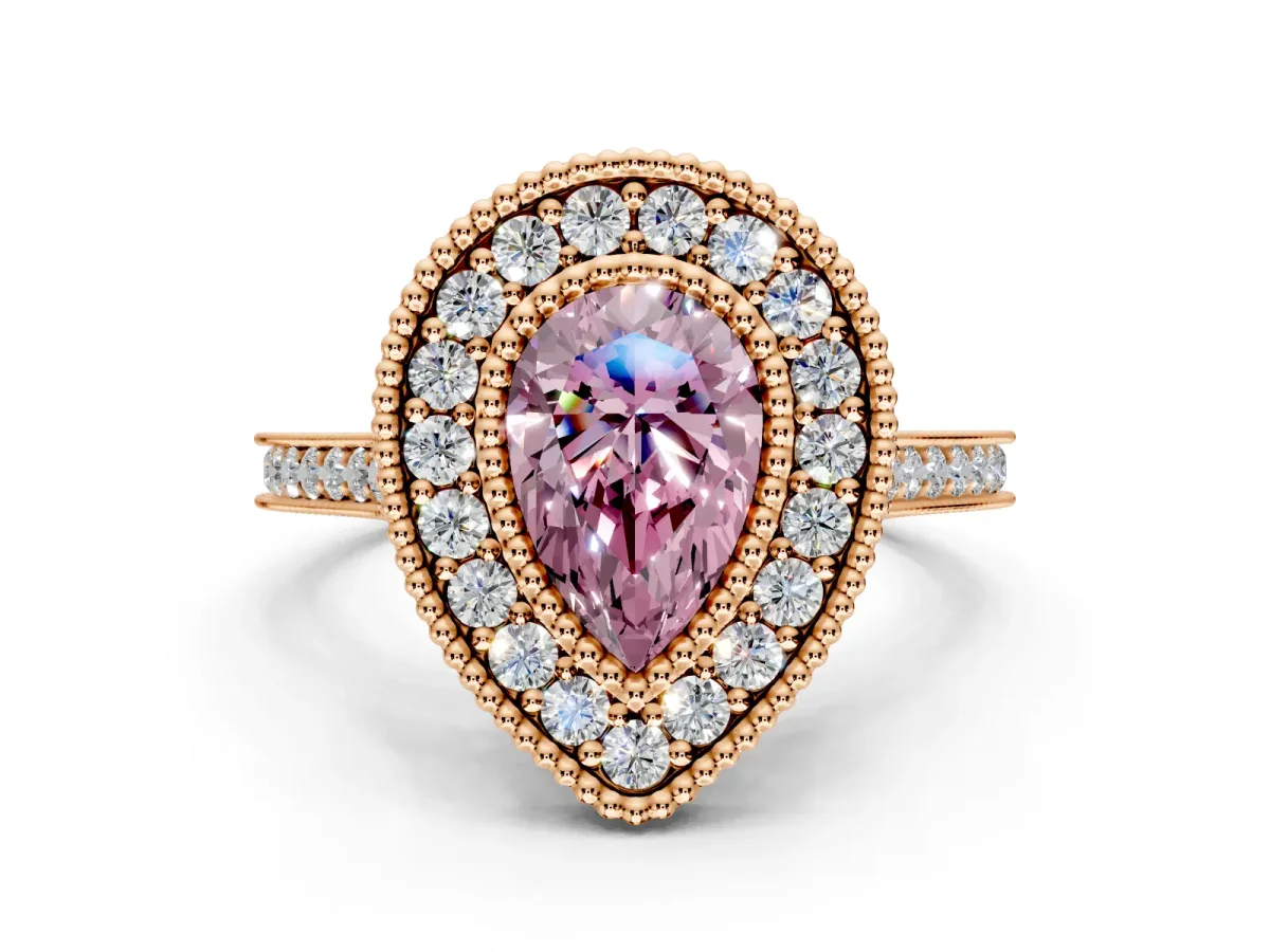Halo Engagement Ring Setting for Fancy Pink Pear-Shaped Center with Milgrain Frame, Pave Band and Prong Head in Rose Gold
