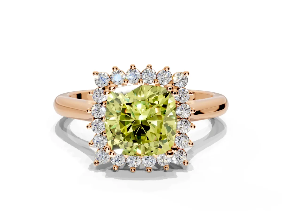 Starburst Halo Engagement Ring Setting for Fancy Yellow Cushion Cut Center with Thin Round-Wire Band and Prong Head in Rose Gold