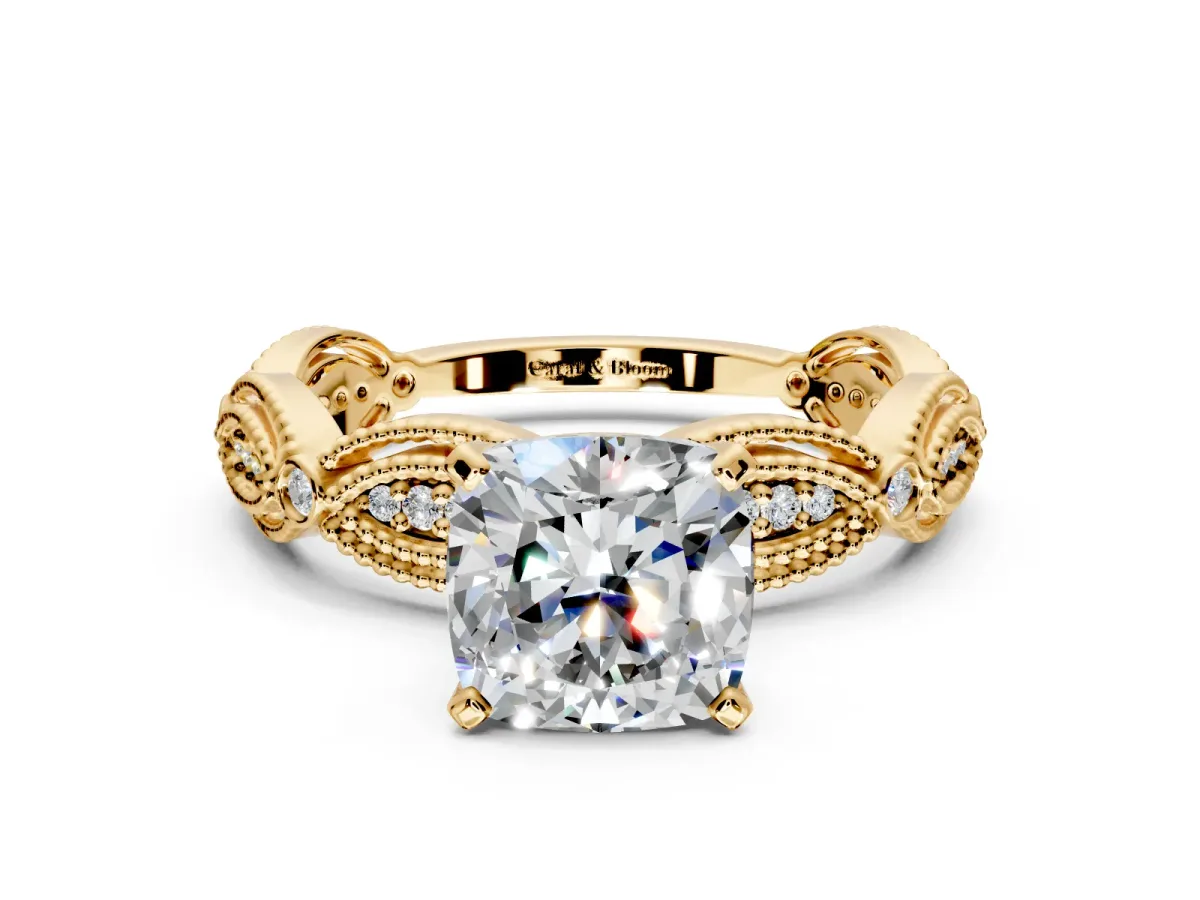 Solitaire Engagement Ring Setting for Cushion Cut Center with Marquise Panel Band and Prong Head in Yellow Gold