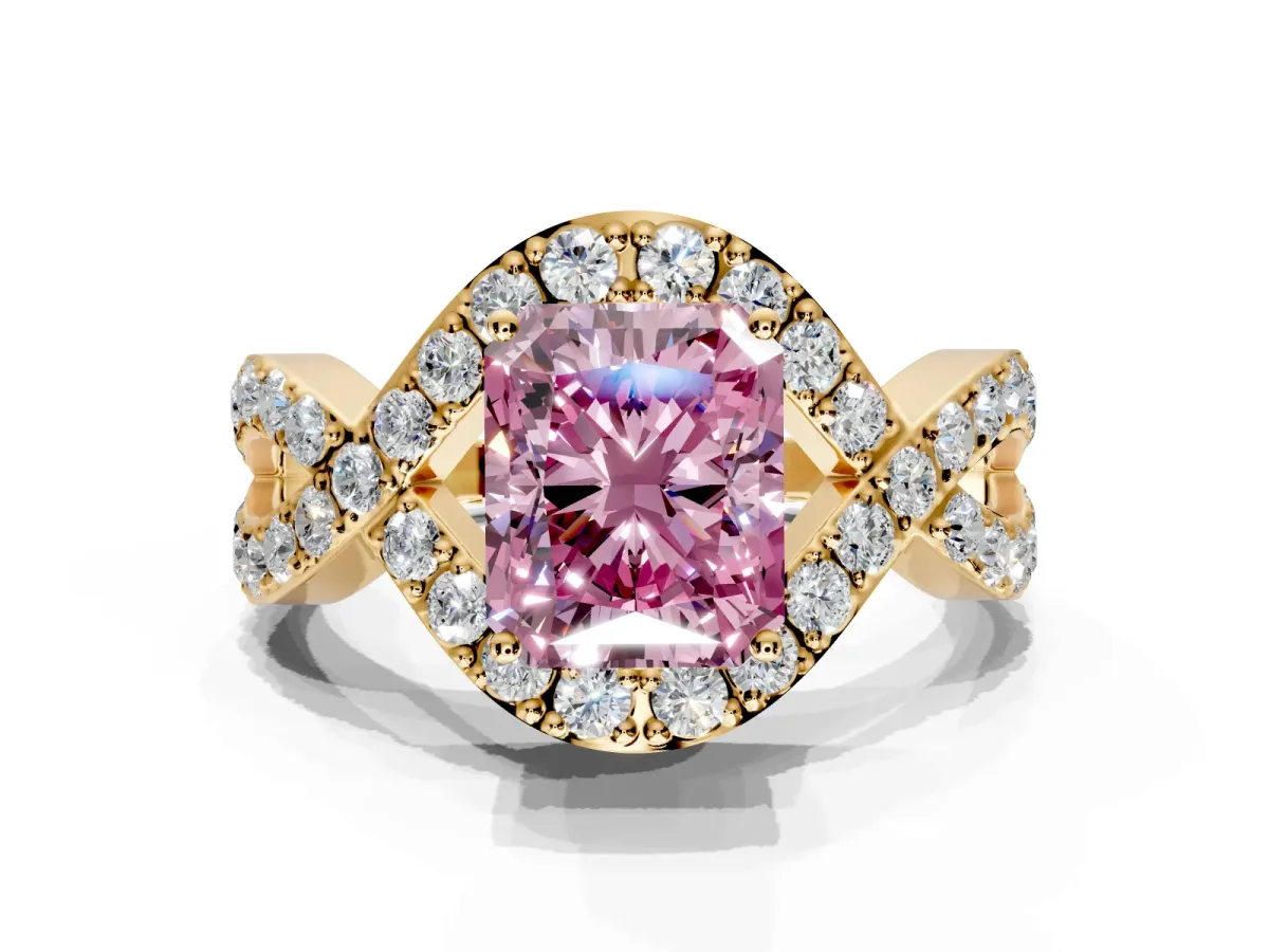 Halo Engagement Ring Setting for Fancy Pink Radiant Cut Center with Pave Infinity Twist Band and Prong Head in Yellow Gold