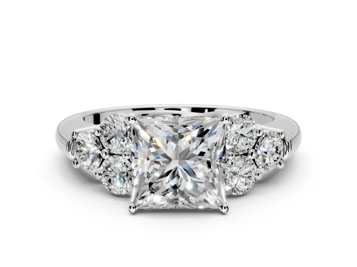 Cluster Engagement Ring Setting for Princess Cut Center with Round Cut Accent Frame and Prong Head in Sterling Silver