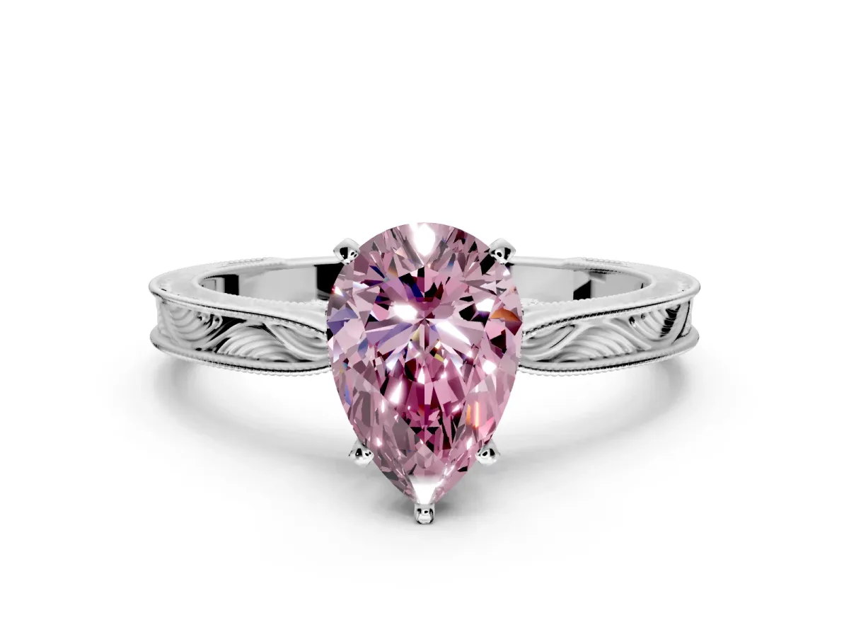 Solitaire Engagement Ring Setting for Fancy Pink Pear-Shaped Center with Engraved Milgrain Band and Prong Head in Sterling Silver