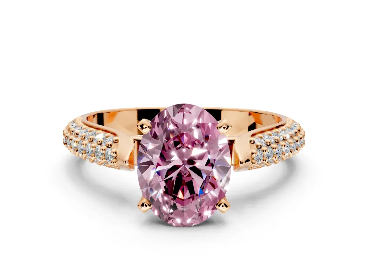Solitaire Engagement Ring Setting for Fancy Pink Oval Center with Multi-Row Accents and Prong Head in Rose Gold