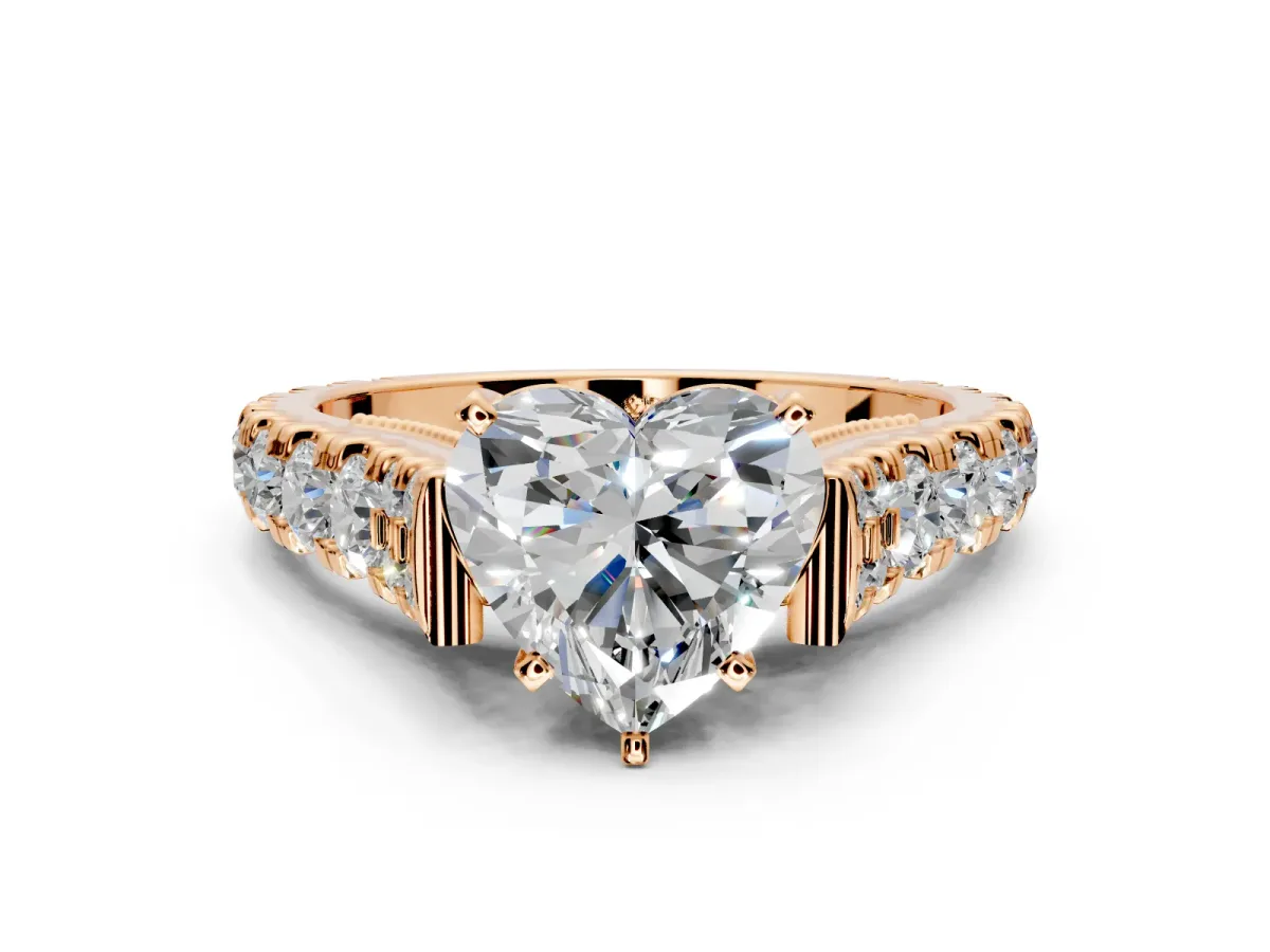 Solitaire Engagement Ring Setting for Heart-Shaped Center with Pave Cathedral Shoulders and Prong Head in Rose Gold
