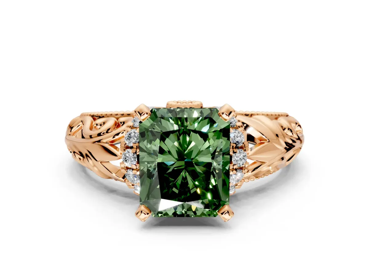 Solitaire Engagement Ring Setting for Fancy Green Radiant Cut Center with Filigree Accent Basket and Prong Head in Rose Gold