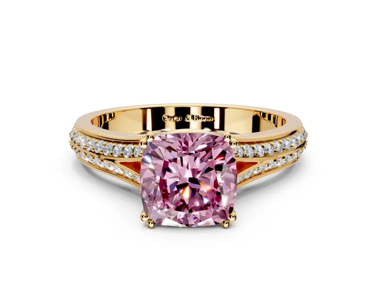 Solitaire Engagement Ring Setting for Fancy Pink Cushion Cut Center with Pave Rail Split Shank and Prong Head in Yellow Gold