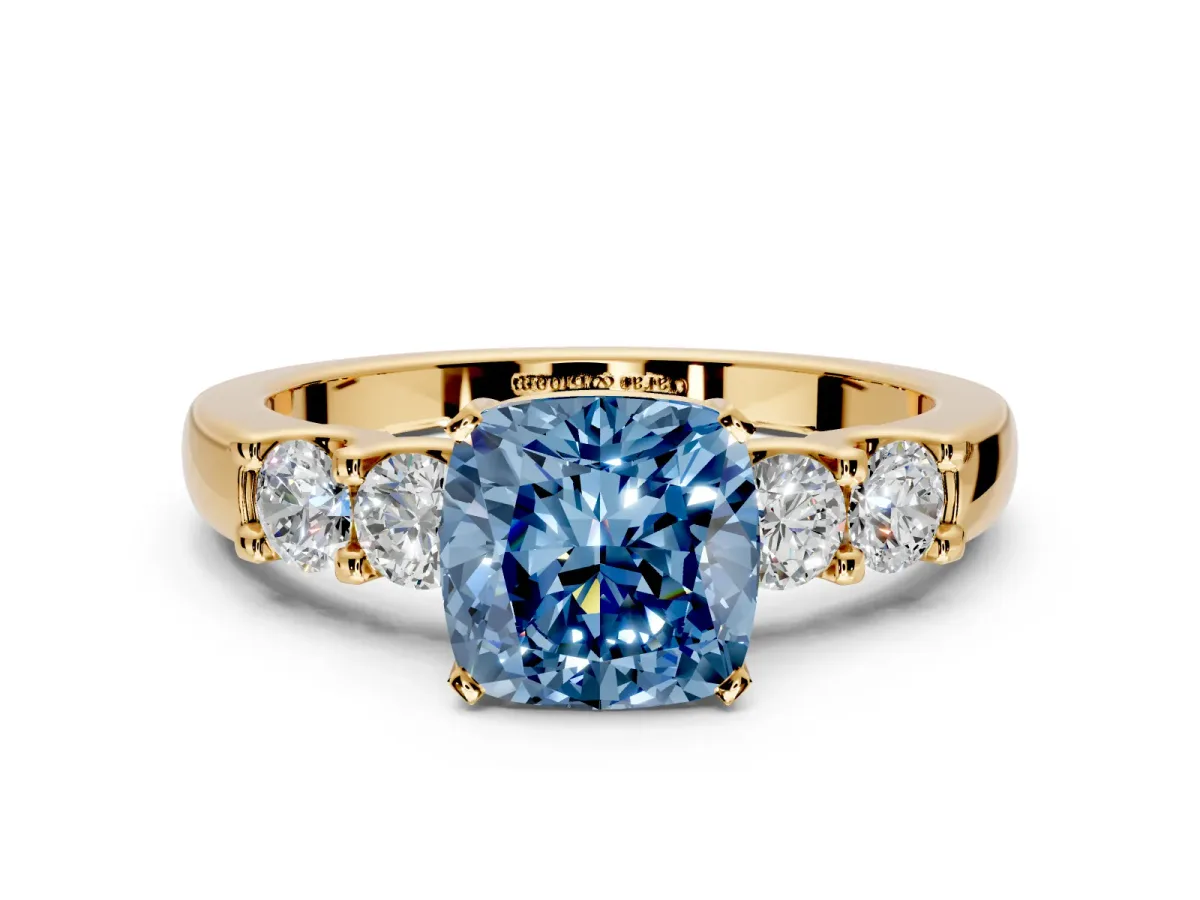 5 Stone Engagement Ring Setting for Fancy Blue Cushion Cut Center with Plain Band and Prong Head in Yellow Gold