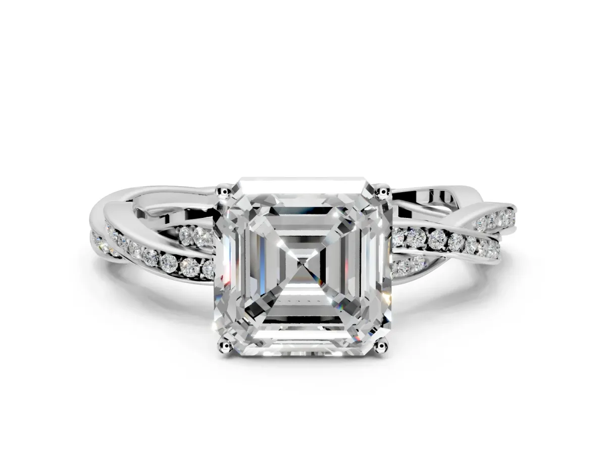 Solitaire Engagement Ring Setting for Asscher Cut Center with Twisted Pave Band and Prong Head in Platinum