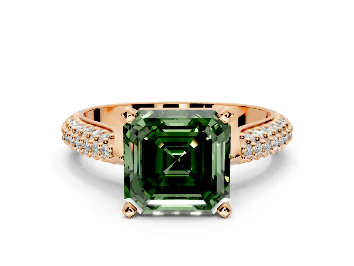 Solitaire Engagement Ring Setting for Fancy Green Asscher Cut Center with Multi-Row Accents and Prong Head in Rose Gold