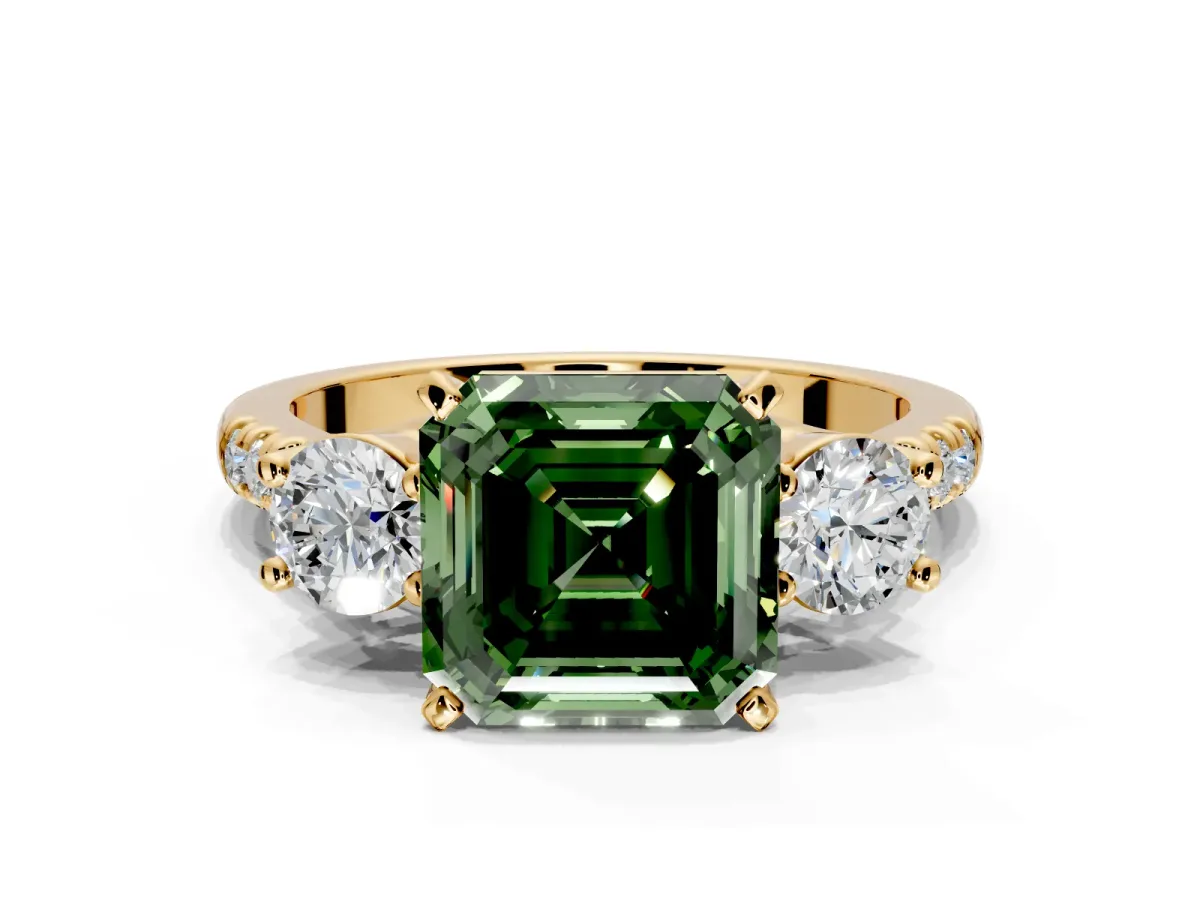 3 Stone Engagement Ring Setting for Fancy Green Asscher Cut Center with Crossover Basket, Pave Band and Prong Head in Yellow Gold