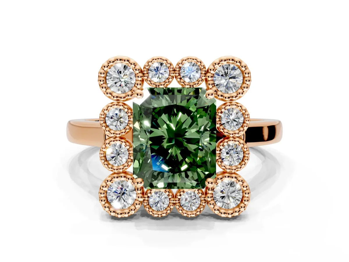 Cluster Halo Engagement Ring Setting for Fancy Green Radiant Cut Center with Milgrain Bezel Accents and Prong Head in Rose Gold