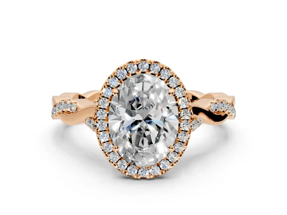 Halo Engagement Ring Setting for Oval Center with Twist Band and Prong Head in Rose Gold