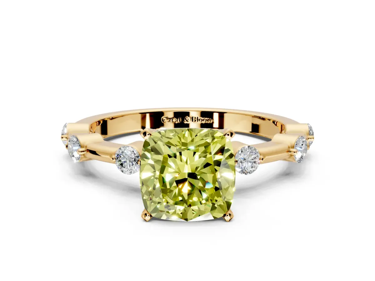 Solitaire Engagement Ring Setting for Fancy Yellow Cushion Cut Center with Bezel Station Band and Prong Head in Yellow Gold