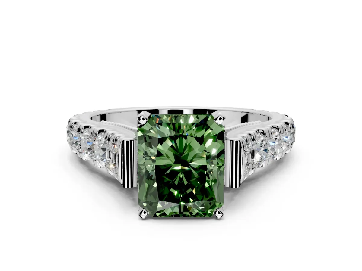 Solitaire Engagement Ring Setting for Fancy Green Radiant Cut Center with Pave Cathedral Shoulders and Prong Head in Platinum