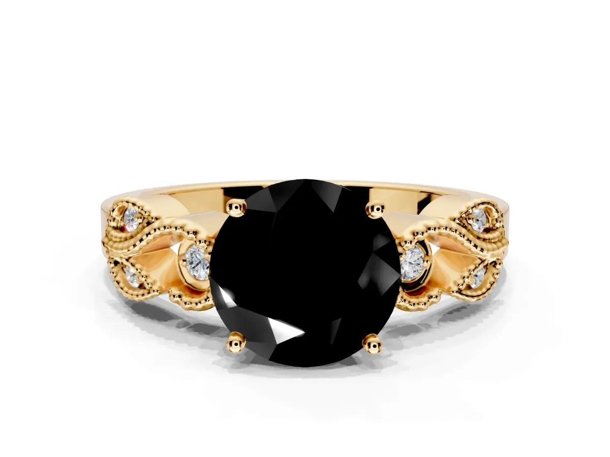 Leaf Engagement Ring Setting for Fancy Black Round Cut Center with Milgrain Accent Band and Prong Head in Yellow Gold
