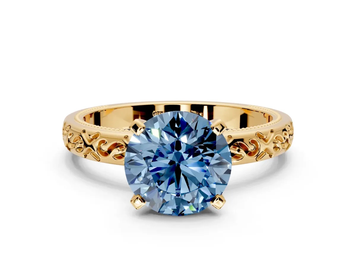 Solitaire Engagement Ring Setting for Fancy Blue Round Cut Center with Scrollwork Band and Prong Head in Yellow Gold