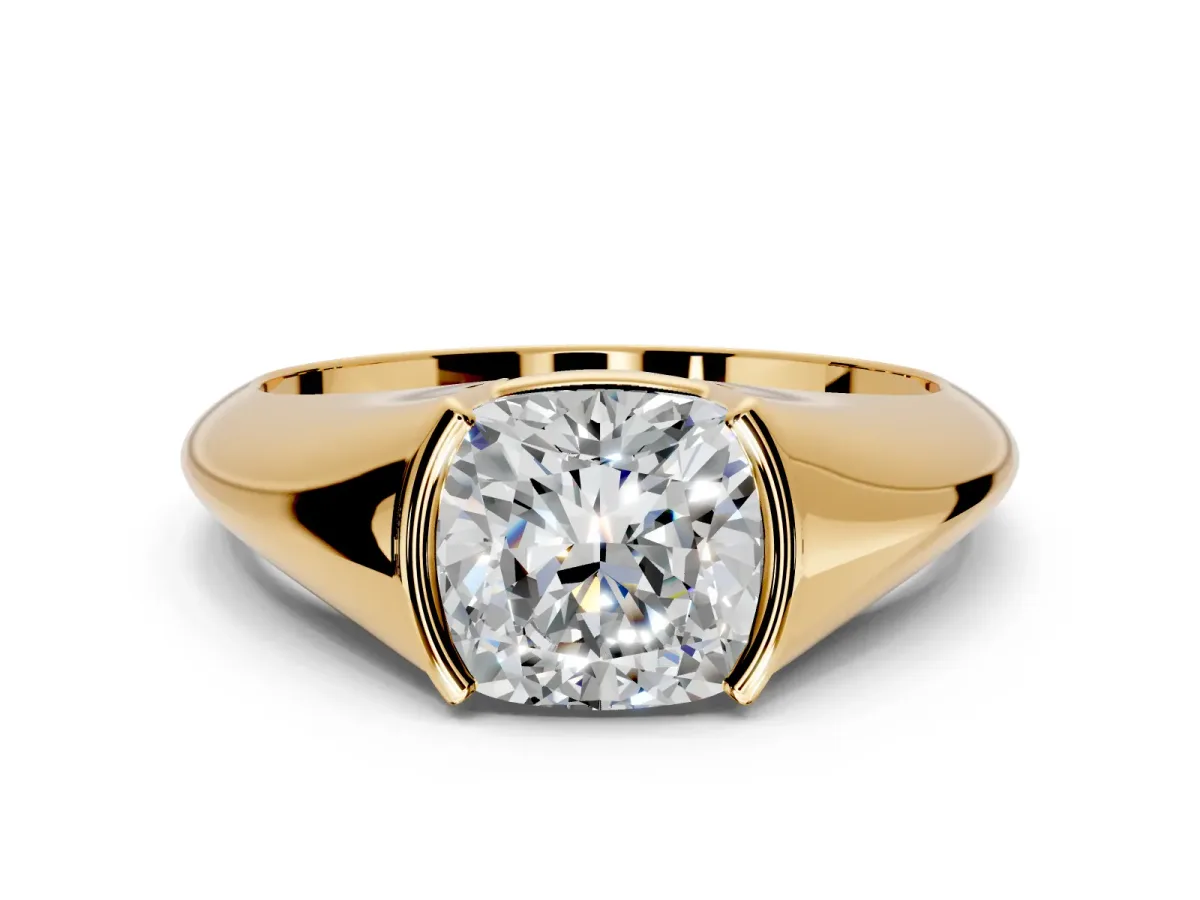 Tension Engagement Ring Setting for Cushion Cut Center with Wide Tapered Band and Tension Head in Yellow Gold