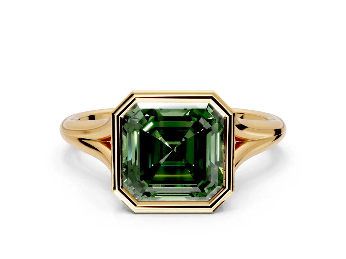 Solitaire Engagement Ring Setting for Fancy Green Asscher Cut Center with V Split Shank and Bezel Head in Yellow Gold
