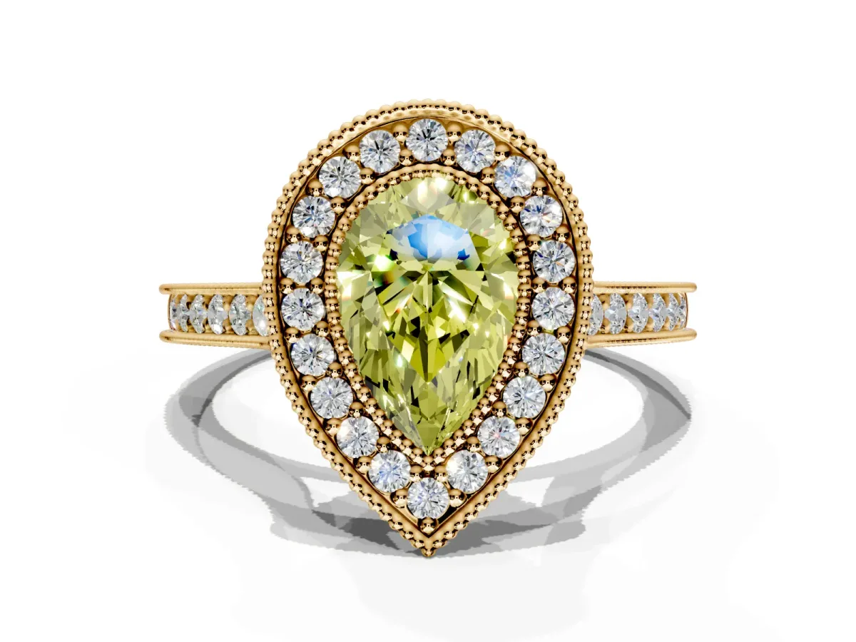 Halo Engagement Ring Setting for Fancy Yellow Pear-Shaped Center with Milgrain Pave Band and Bezel Head in Yellow Gold